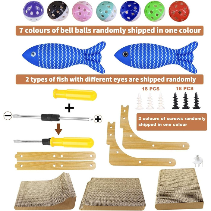 Котяча дряпка L-подібної форми, 68 см, з дзвіночком, рибкою та мишкою, з якісного картону, для стін, задовольняє природну потребу в дряпанні, XXL
