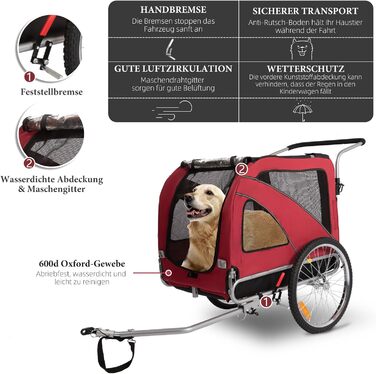 XL велосипедно-біговий перевізник для собак 2-в-1 з гальмом та світловідбивачами, 600D Oxford, до 40 кг (Червоний)