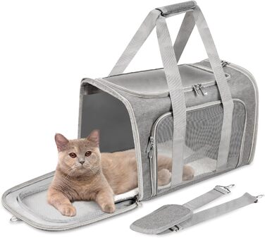 Транспортна сумка для котів/собак/домашніх тварин, складна, сірого кольору, для великих котів/маленьких собак, з плечовим ременем та знімною підстилкою, сітка, до 7,3 кг, розмір M (43x28x28 см)