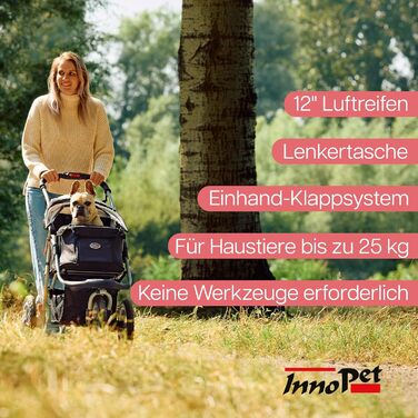 Візок для собак Innopet Comfort Air Eco чорного та срібного кольору – візок для собак/кішок з 30 см повітряними колесами, складаний, для лісових доріжок, світловідбиваючі смуги, органайзер, матеріал з переробленого нейлону