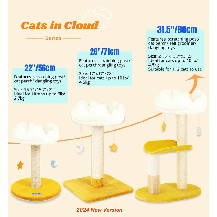 Котячий дряпак Happi N Pets Wolken, 80 см, сучасний триярусний ігровий комплекс для кішок середнього розміру з сизалевою стійкою, м'яким лежаком 40x30 см, знімними та праними подушками