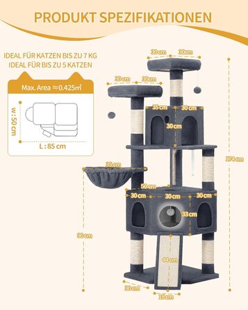 Кігтеточка для котів Hzuaneri, 174 см, XL, 2 платформи, 2 печери, 4 стовпчики, дошка для заточування кігтів, мотузка з сизалю, плюшеві кульки, для багатокотових сімей, MS17418LG (Темно-сірий)