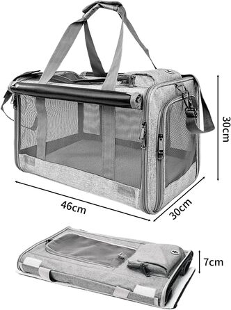 Транспортна переноска для котів та собак, 46x30x30 см, темно-сіра, складана, з вентиляційною сіткою та кишенею, до 10 кг