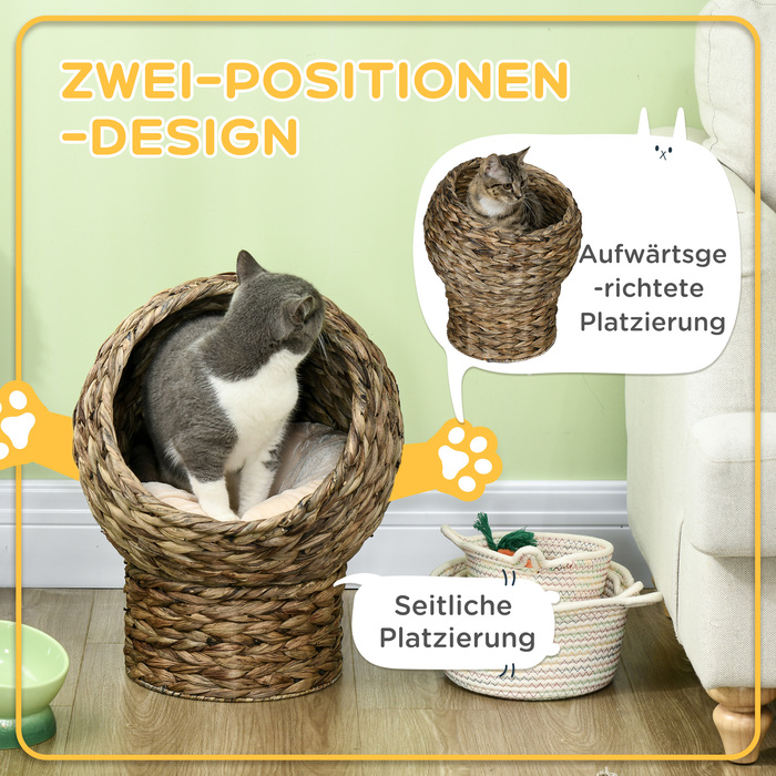 PawHut Ротанг Кошик для кішок Cuddly Cat Cave з подушкою, ліжко для вихованця з водяного гіацинта темно-коричневий 42x33x52см для розслаблених котів