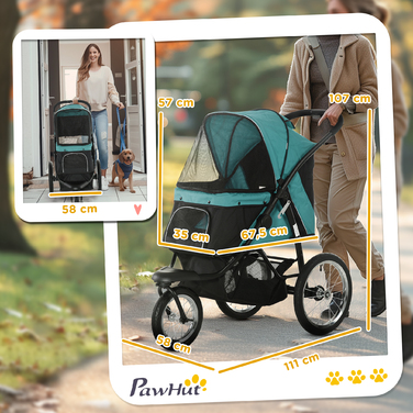 Коляска для собак PawHut Dog Buggy складна для собак і кішок до 20 кг Баггі для кішок з всюдихідними гумовими колесами Подушки Сітчасті вікна Двері Котяча коляска з кошиком для зберігання Баггі Темно-зелений | Аосом