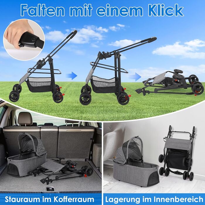 Візок для собак Mamizо 3-в-1, до 30 кг, з сумкою, поворотні колеса, для собак та котів, сірий