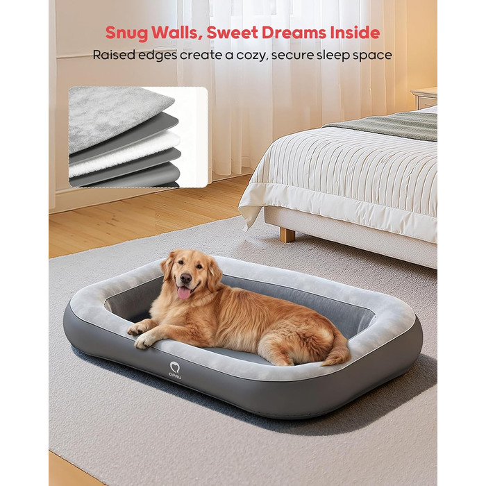 Надувне ліжко для собак QPAU з бортиками, миється, для подорожей, кемпінгу та дому, водонепроникне, з насосом та сумкою, для маленьких, середніх та великих собак (M)