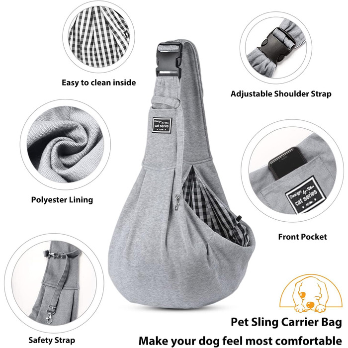 PETCUTE Сумка-переноска для собак до 7.5 кг, сіра. Регульований ремінь, сумка-переноска з передньою кишенею, сумка на плече для собак, для прогулянок та активностей на відкритому повітрі