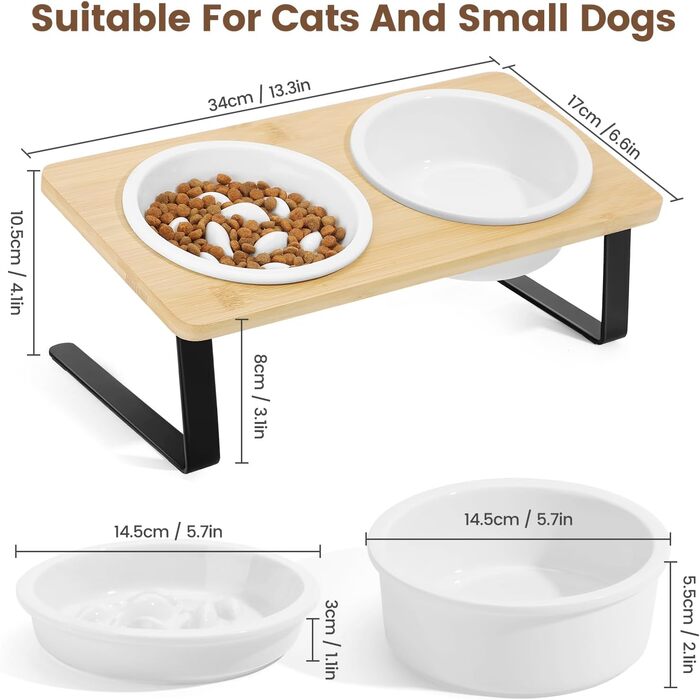 Набір мисок для котів PETTOM Anti-Schling з кераміки: піднята миска з нахилом 15°, бамбукова підставка, протиковзаюча, для вологого та сухого корму