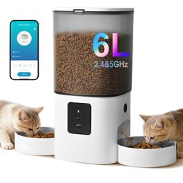 Автоматичний годувальник для котів та собак з WiFi 2.4G/5G, 6 л, з подвійним лотком, голосовим записом та таймером на 10 порцій, білий