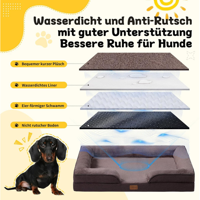 Ортопедичне ліжко для собак середніх та великих порід 109x84x21 см, з високощільним губчатим наповнювачем, знімний водонепроникний чохол, зручне, нековзне, (Коричневий, L)
