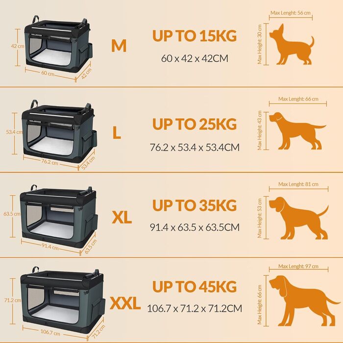Транспортна переноска для собак Fobyfurny, сіра, 60 x 42 x 42 см, 60 л, з відбиваючими смугами та кишенями, знімний мат, Oxford-тканина, FPDT005OG1