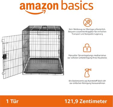 Складана металева клітка для собак Amazon Basics з піддоном, одна дверцята, чорна, 122x76x83 см