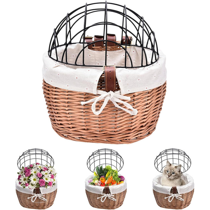 Плетенний велосипедний кошик для собак та котів - передній, з тканиною та кришкою