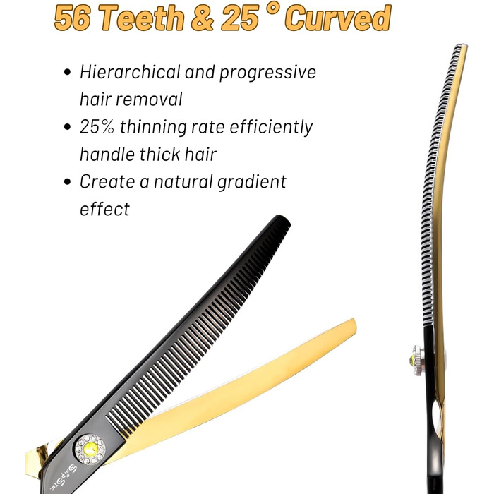 Професійна вигнута ножиця для грумінгу домашніх тварин 7.5 дюймів, 56 зубів, кут вигину 25°, золота, преміум-якість