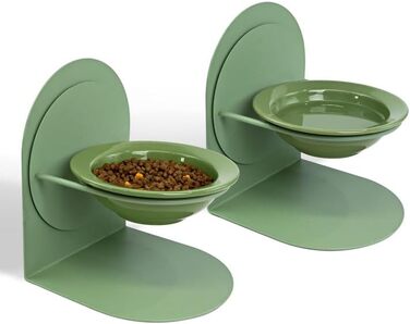 Підвищений годівниця для котів, керамічна миска для корму з металевим підставкою, протиковзна, не протікає, для дому (2 шт, зелена)