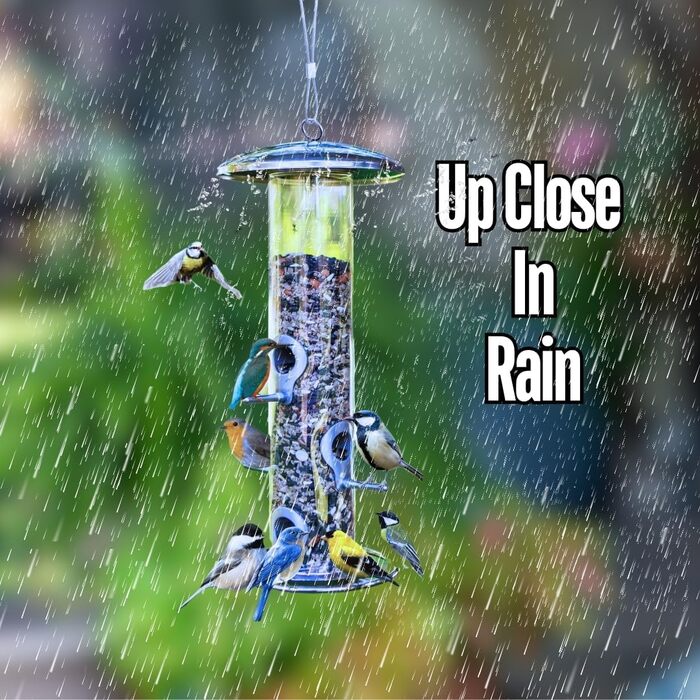 Годівниця для птахів на сонцезахисній підставці, для саду, срібна. З наповнювачем: соняшникові зерна та суміш.