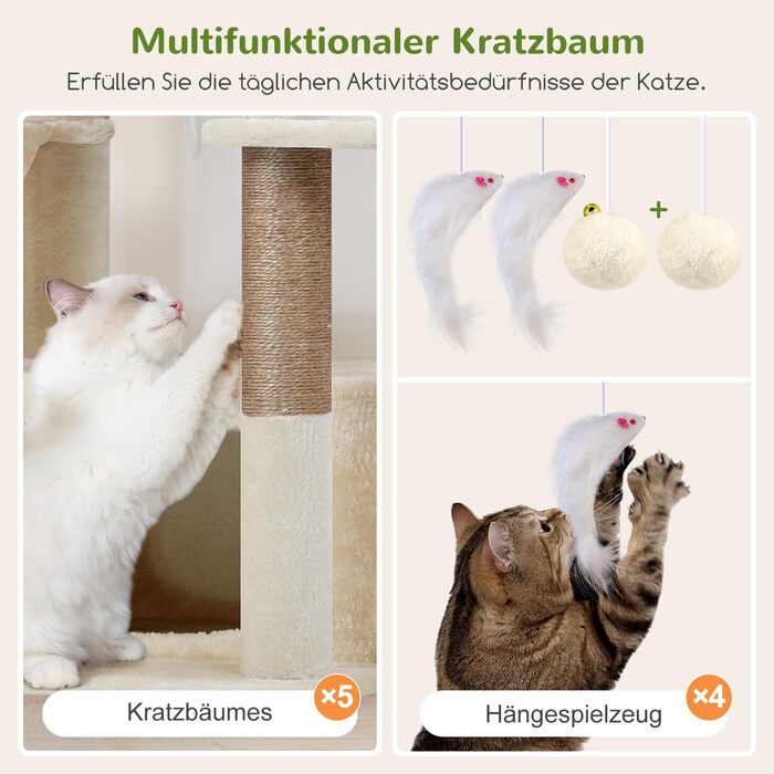 Драбина для котів Globlazer Beige XXL 204 см з 3 будиночками, 2 платформами, 3 м'якими кошиками. Стабільна для 3-5 котів.