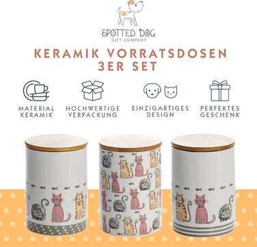 Набір контейнерів для зберігання SPOTTED DOG GIFT COMPANY з кераміки з кришкою, 3 шт. (1.2 л, котячий мотив)
