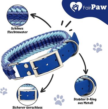 Широкий нашийник для собак FairPaw з паракорду, ручна робота, регульований, для середніх і великих собак, синій, L, екологічний