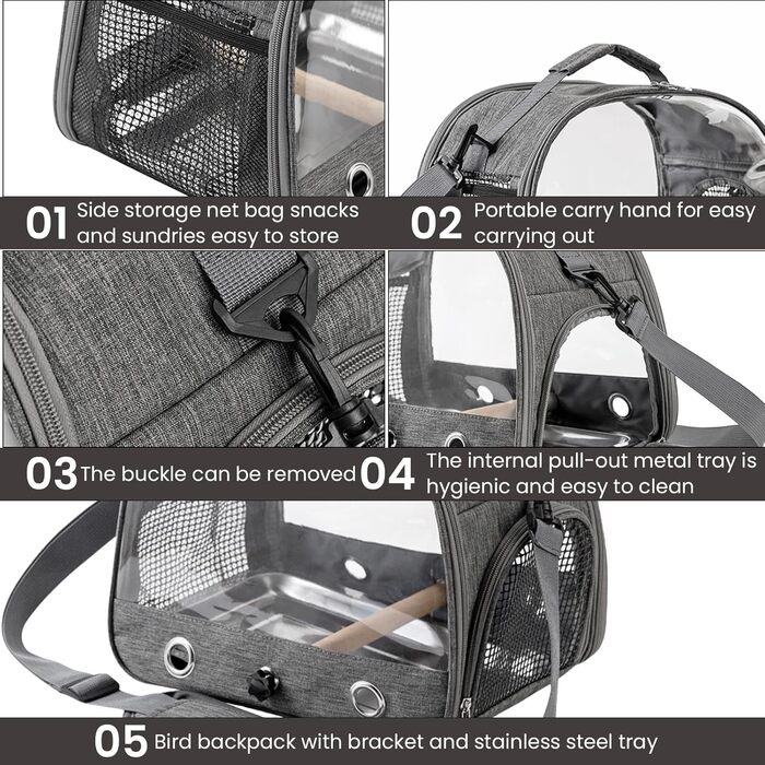 Рюкзак для птахів, переноска для птахів, транспортний контейнер для птахів. Переносний клітка для птахів, сумка-переноска з дерев'яною жердкою, нержавіюча таця для папуг, щуряків, хвилястих понічок.