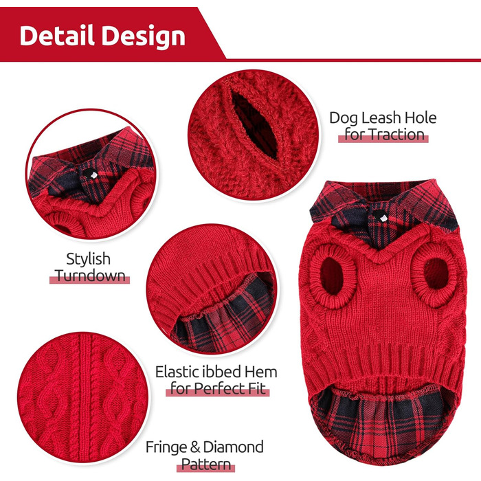 Теплий собачий светр у клітинку з коміром-горловиною та отворами для повідка – зимовий одяг для собак маленьких, середніх та великих порід. Светр для котів на Різдво, червоний, розмір M, червоний