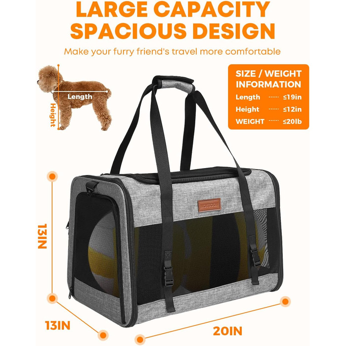 FOXFOCUS Сумка-переноска для собак з м'якими боковинами – 50,8 x 33 x 33 см, безпечний автокрісло, до 6,8 кг, верхній та бічний вхід, велика переноска для тварин з міцним сіткою (сірий)