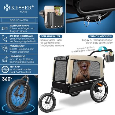 Універсальний візок для собак 3-в-1 KESSER Boxer: собачий buggy, джоггер та велосипедний причіп, об'єм 240 л, амортизація, переднє колесо 360°, тканина 600D Oxford, до 40 кг
