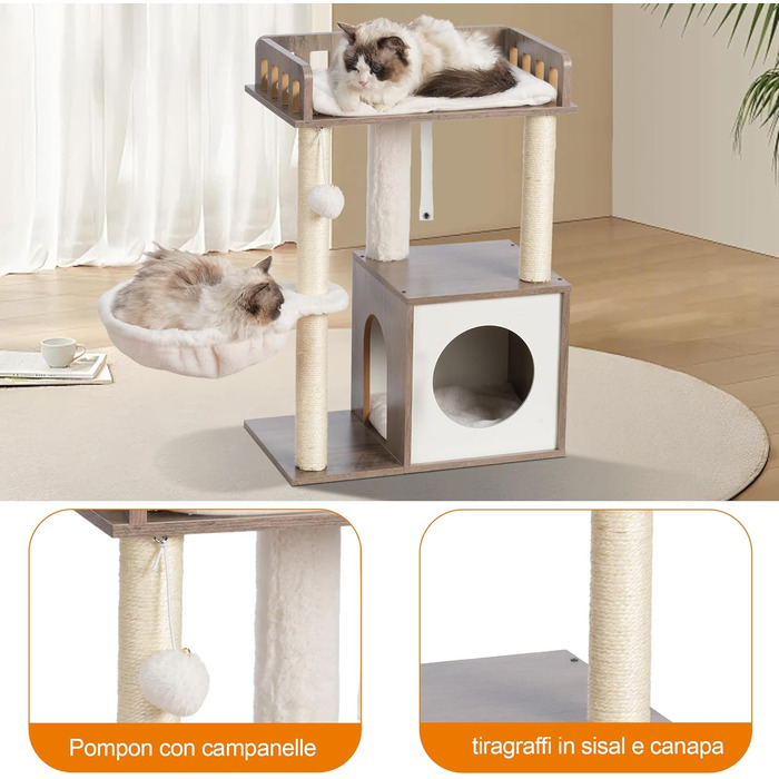 Дряпка для котів Heybly з платформою 30x50 см, когтеточка з будиночком та сизалевими стовпчиками, стабільна та безпечна для кошенят та середніх котів, колір: сіро-коричневий HCT007SSR (Greige)