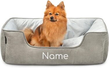 Ліжко для собак Lionto 2-в-1 з комфортним входом, м'яке домашнє ліжко для тварин, яке можна перевертати, для собак та котів, 110x80 см, подушка для собак з легкою у догляді оксамитовою обробкою (Д 80 x Ш 60 x В 26 см (з нанесенням імені), Темно-сірий/Світ