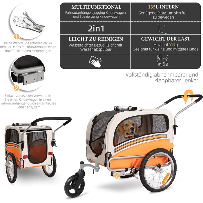 Причеп-трансформер для собак 2-в-1 для велосипеда та бігу – для собак до 30 кг, з гальмами, сигнальним прапором, для активного відпочинку та дому, легкий у збиранні (Помаранчевий)