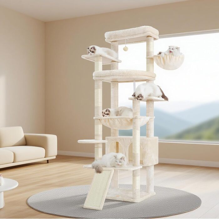 Драбина-кіготь Heybly HCT038W (Бежева) 202 см з 2 великими лежаками, когтеточкою, гротом, кошиком, сизалевим стовпом та гамаком. Підходить для дорослих котів