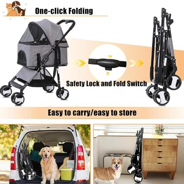 Візок для собак та котів, сірий, до 20 кг, з поворотним колесом та гальмом