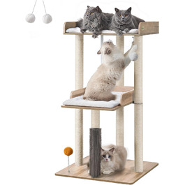 FourFurPets котячий комплекс 111 см, сучасний котячий тур, будиночок для великих дорослих котів, когтеточка, велика лежанка, знімні подушки, для дому, Greige