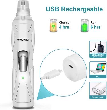 Електричний точило для кігтів собак та котів з LED-підсвічуванням та 2 колесами, безшумний точило для кігтів, білий