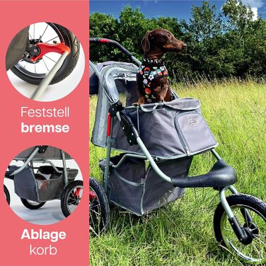 Візок для собак Innopet Comfort Air Eco чорного/срібного кольору – візок для собак/кішок з 30см повітряними колесами, складається однією рукою, підходить для лісових стежок – світловідбиваючі смуги, органайзер, перероблений нейлоновий матеріал (сірий)