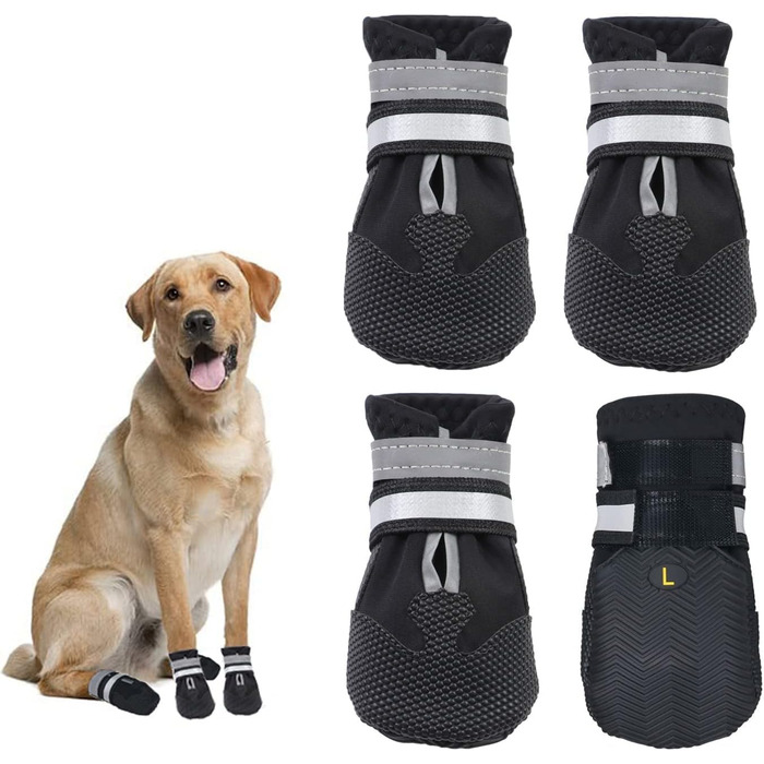 Чоботи для собак, 4 шт. Захист лап, антиковзка підошва, світловідбиваючий ремінь, липучка, зимові чоботи для собак, захист лап для середніх та великих собак, чорний (L)