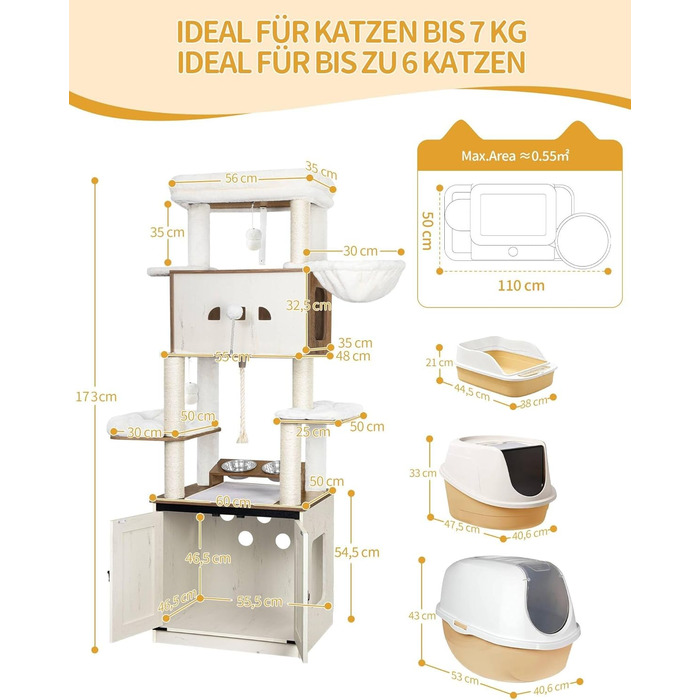 Драбина-кіготь для котів з туалетом, годівницею, 173 см, велика платформа, мотузка сизаль, гамак, знімний килимок, іграшки-кульки, білий та коричневий колір CB89014WT