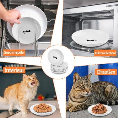 Набір мисок для котів CROUTE (6 шт.) - керамічні, плоскі, анти-високочування, білий (візерунок 'Рибка')