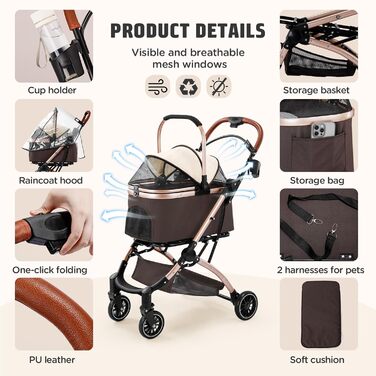 Візок для котів та собак Gimars 20кг, 4-в-1, складання, поворот 360°, гумові колеса, гальмо, захист від дощу, регульована ручка, хакі