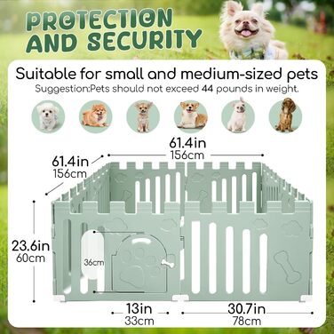 Клітка для собак з дверима, 8 панелей, 61 см, для цуценят, міцний пластик, захисний загін для маленьких тварин, антиковзне та безпечне огорожа, зелений колір, 8 панелей