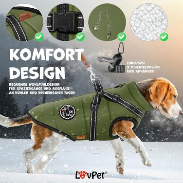 LOVPET Зимова куртка для собак XL, утеплена та водонепроникна, з вбудованим шлейкою, світловідбивачами, D-кільцем, у комплекті 45 пакетів для прибирання та тримач, колір хакі