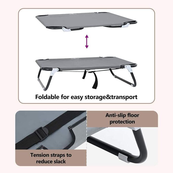 Складане ліжко для собак середніх порід від vidaXL – метал та тканина | Зручне підняте ліжко для дому та вулиці, довговічні меблі для тварин, сучасний дизайн (70 x 46 x 18 см, світло-сірий)