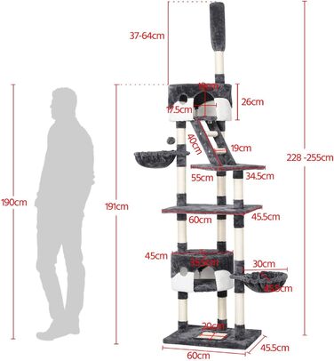 Котячий драбина Yaheetech XXL, до стелі, 228-255 см, з 2 будиночками, кошиком і сизалевими стовпами, сірий-білий