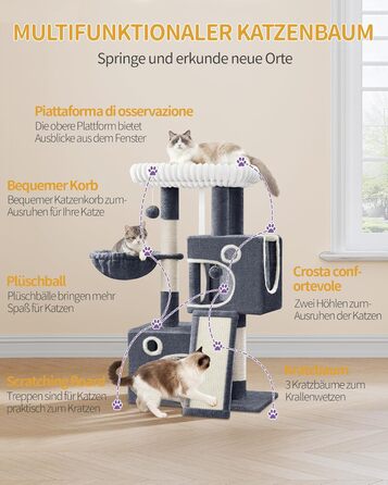 Дерево для котів Hzuaneri, 98 см: стійка конструкція, велика платформа, іграшкові м'ячики, печери, стовпчики для дряпання, дощечка для дряпання, темно-сірий MS10118SG