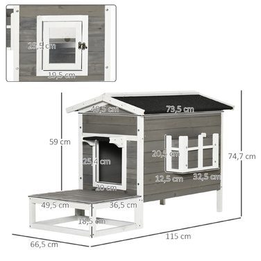 PawHut Cat House Будиночок для кішок з терасою та балконом для котів та собак, ялина Сірий та Білий, 115 x 66.5 x 74.7 см