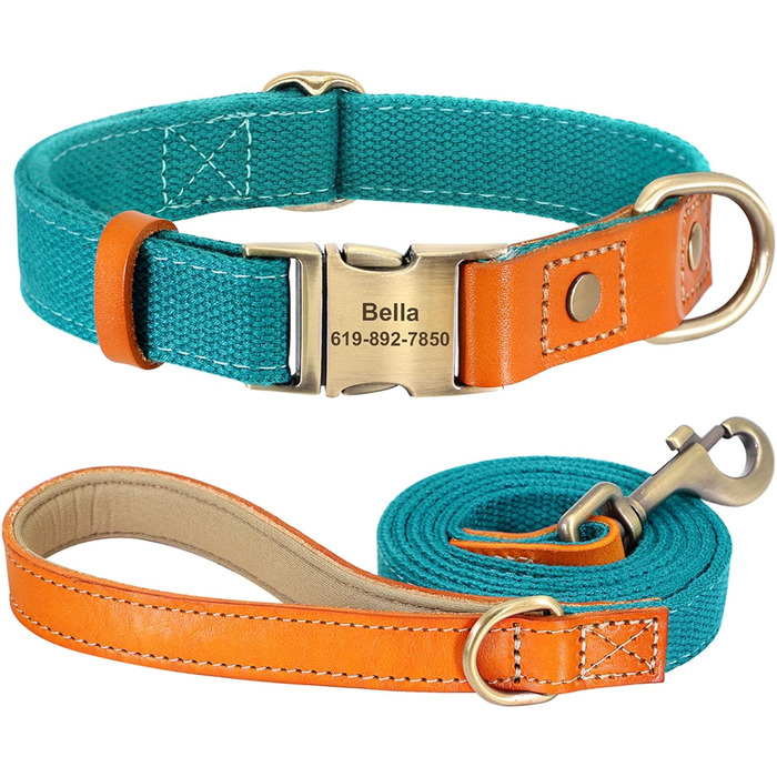 Персоналізований набір повідка та нашийника для собак з нейлону та шкіри, блакитний, S