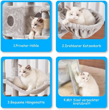 Багатоярусний котячий будиночок Hey-brother Kratzbaum, 175 см, сірий. З платформами, гамаком, печерами, котячими будиночками, дряпалкою та іграшкою. Модель EMPJ037W