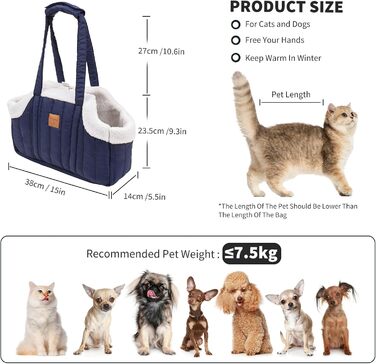 PETCUTE Сумка-переноска для собак та котів, складна, тепла, з гачком безпеки, для маленьких собак, кошенят (Темно-синій)