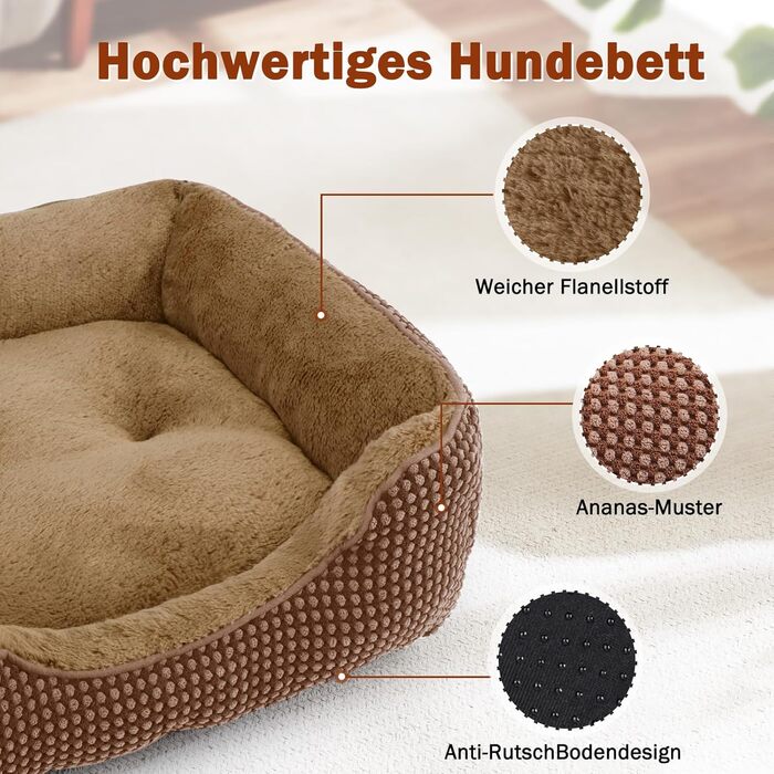 FURTIME Лежанка для собак середнього розміру, кошик для собак, миється, пухнаста, з неслизьким покриттям, заспокоююча лежанка для собак та котів середнього та малого розміру, 63x53x20 см, коричнева
